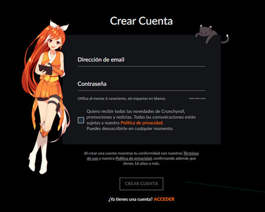 crear una cuenta de Crunchyroll