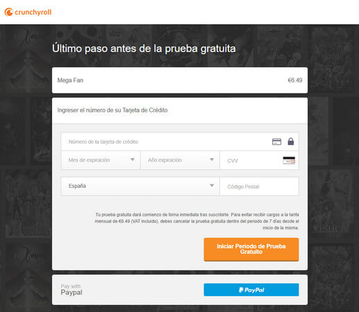 ingresar información de pago en Crunchyroll